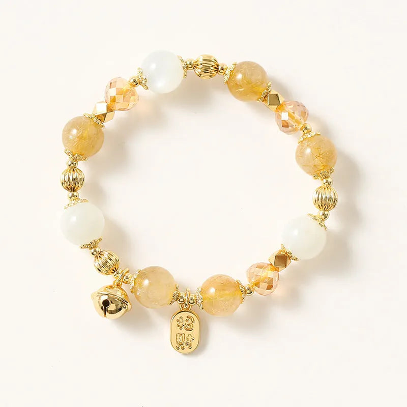 Gold rutilated quartz bracelet with electroplated finish and lucky fortune colour crystals in Korean style design
