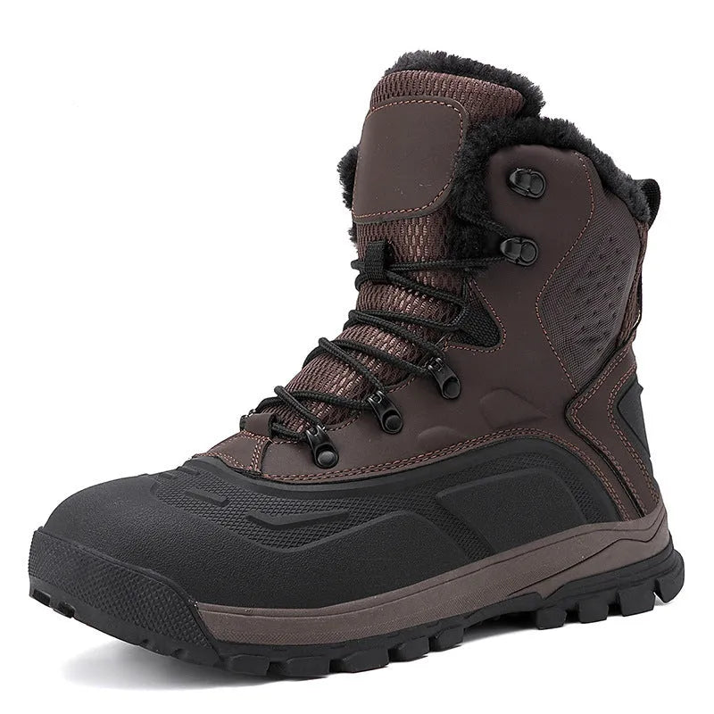 Men's black high-top lace-up winter boots with fleece lining, shown on a size label scale from 39 to 48.