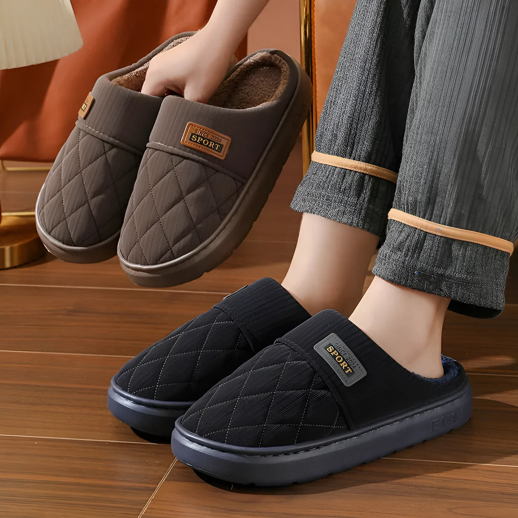 Men's winter home slippers with plush lining, EVA sole, polyester upper, in coffee, grey, or navy blue.