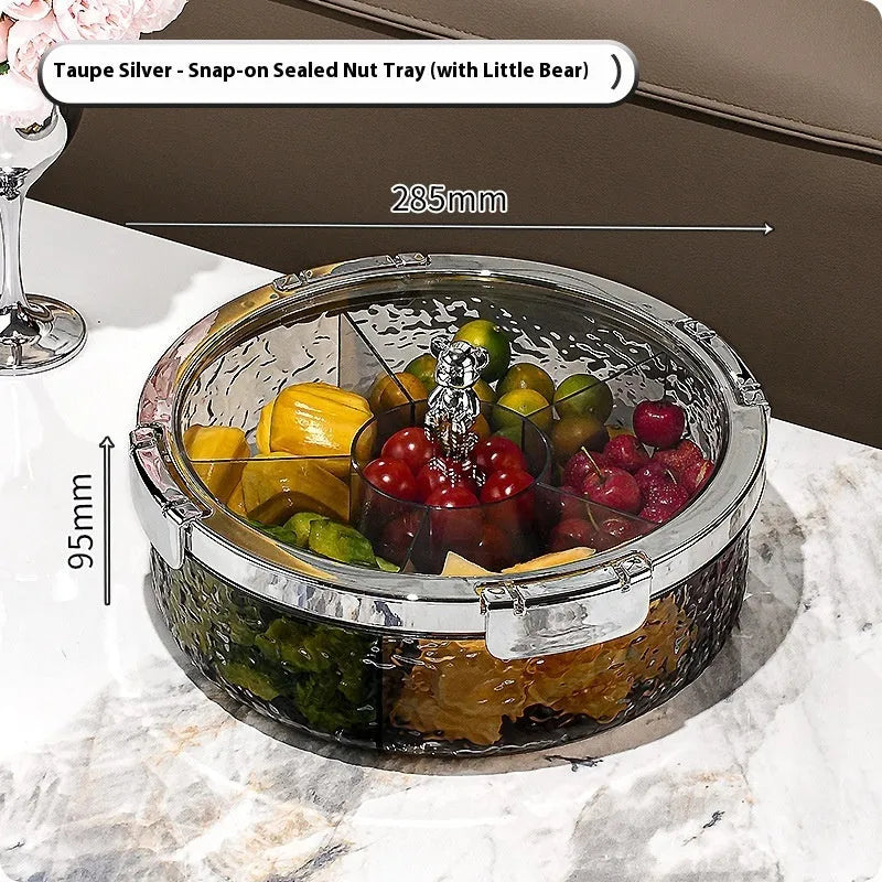 Sealed plastic candy box with lid in milk silver, transparent silver or transparent grey silver, holding dried fruit or sweets.
