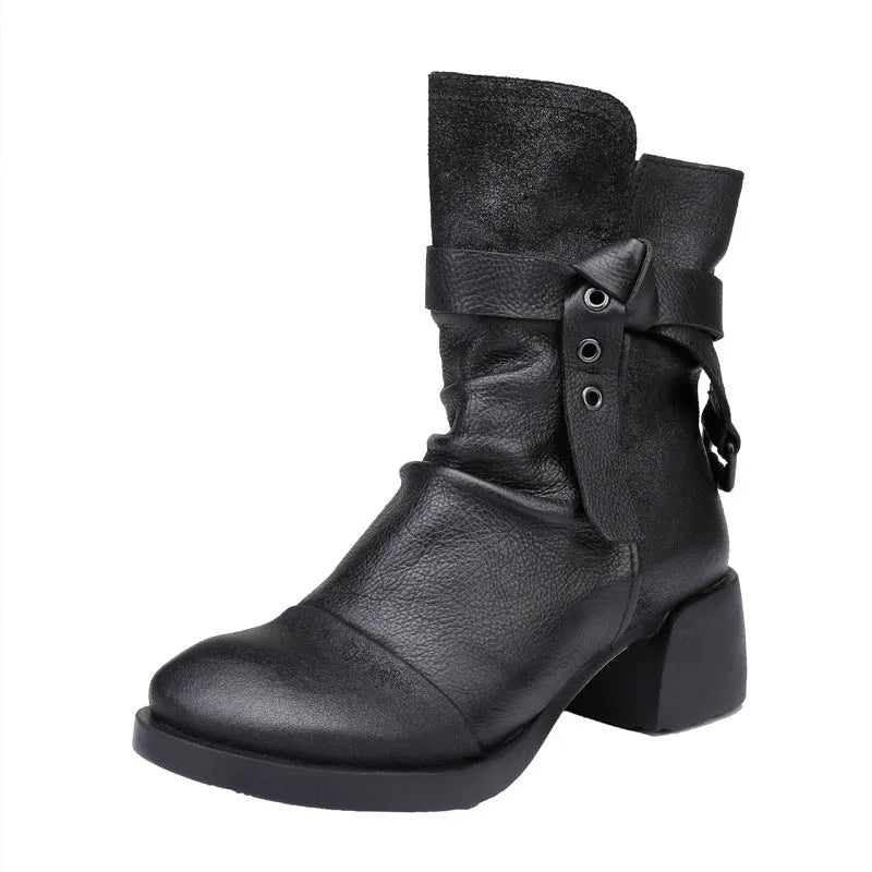 Women's black retro ankle boots with a chunky heel and genuine leather upper.