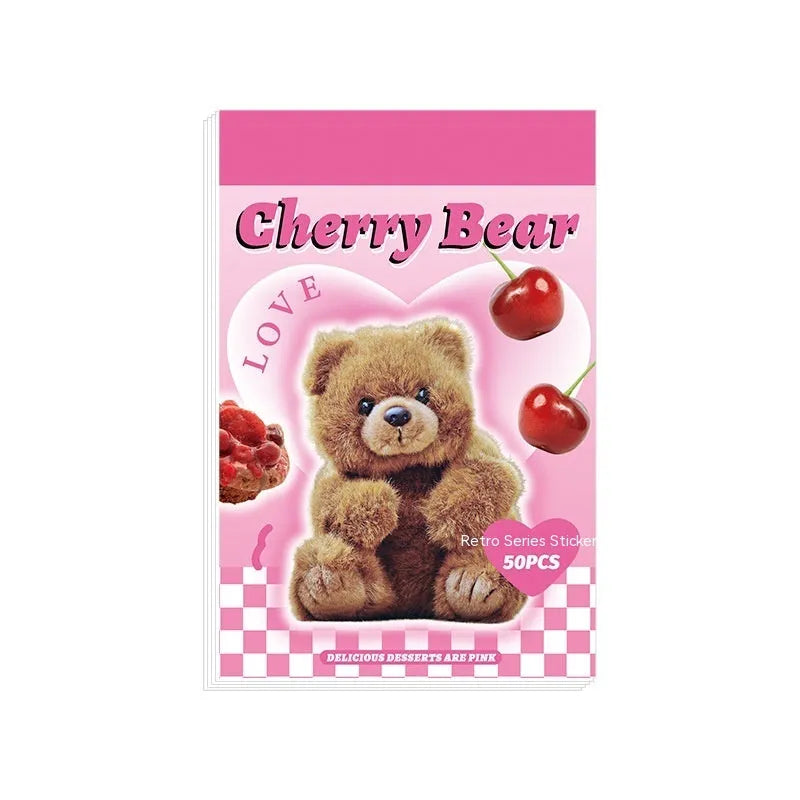 American retro cartoon style sticker book open to show 4x6cm sheets in six colours: black, pink, blue, green, purple, and yellow.