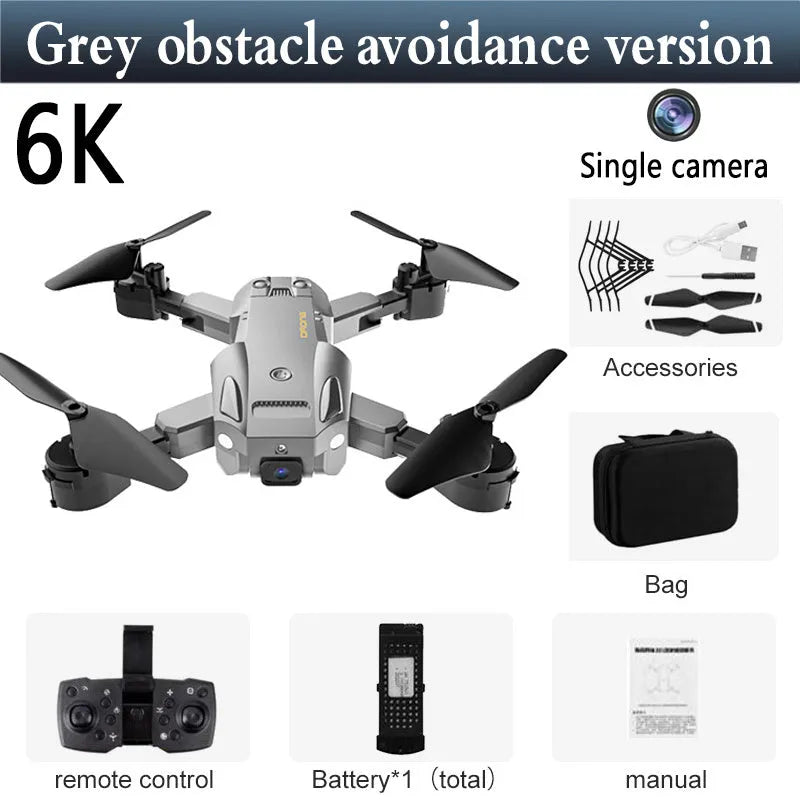 HD aerial photography UAV with folding design in black, showing 30-50cm size and automatic obstacle avoidance sensor