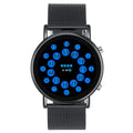 LED Ball electronic watch with round dial and stainless steel mesh strap on wrist