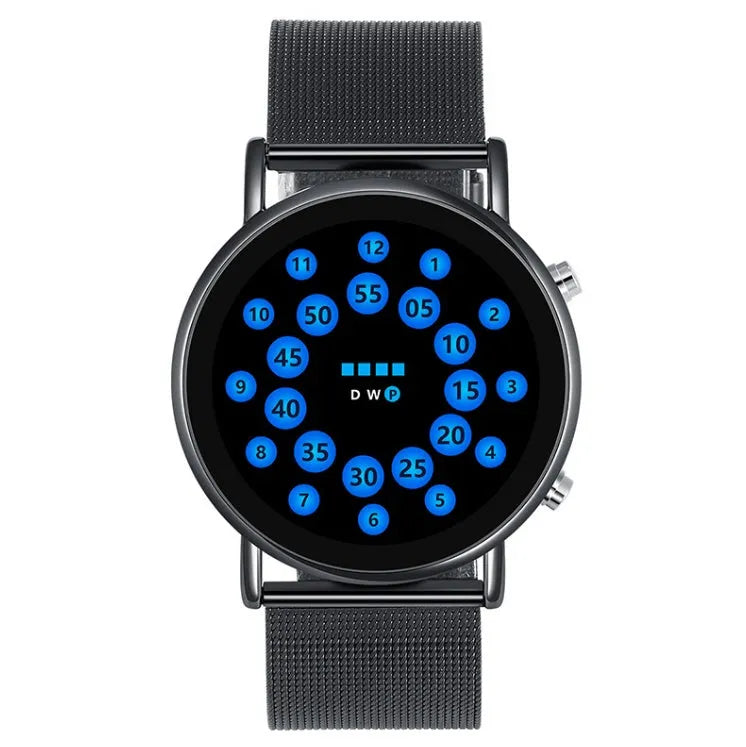LED Ball electronic watch with round dial and stainless steel mesh strap on wrist