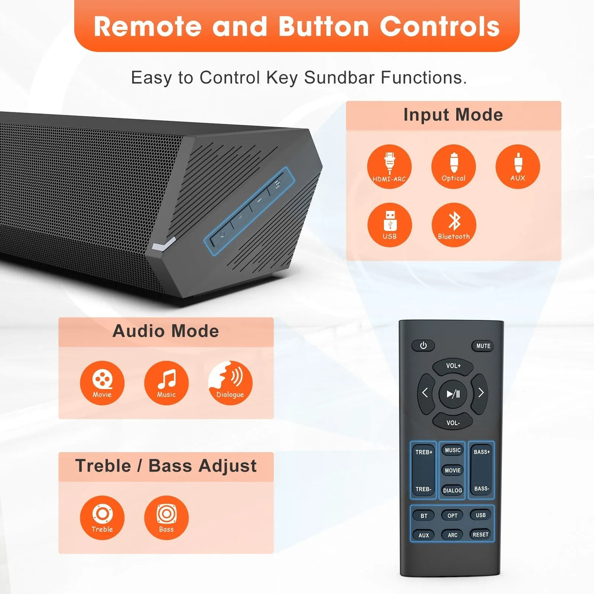 Black 40W wall soundbar with remote control, 420mm wide, HDMI and optical inputs for home TV audio