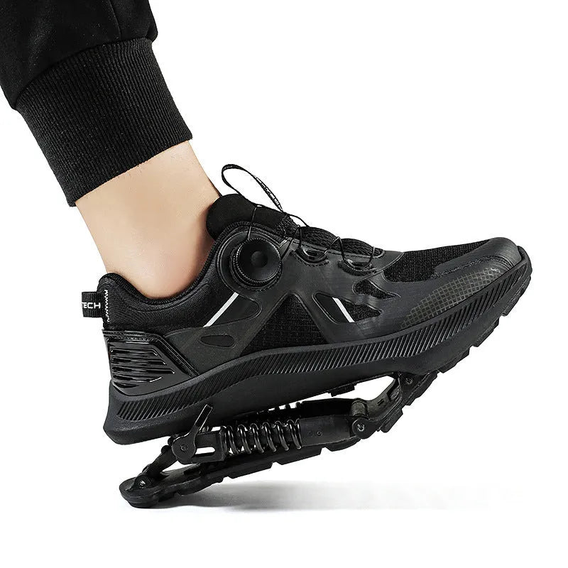 Black running shoes with mesh upper and buckle closure, showing leather stitching details and rubber EVA sole