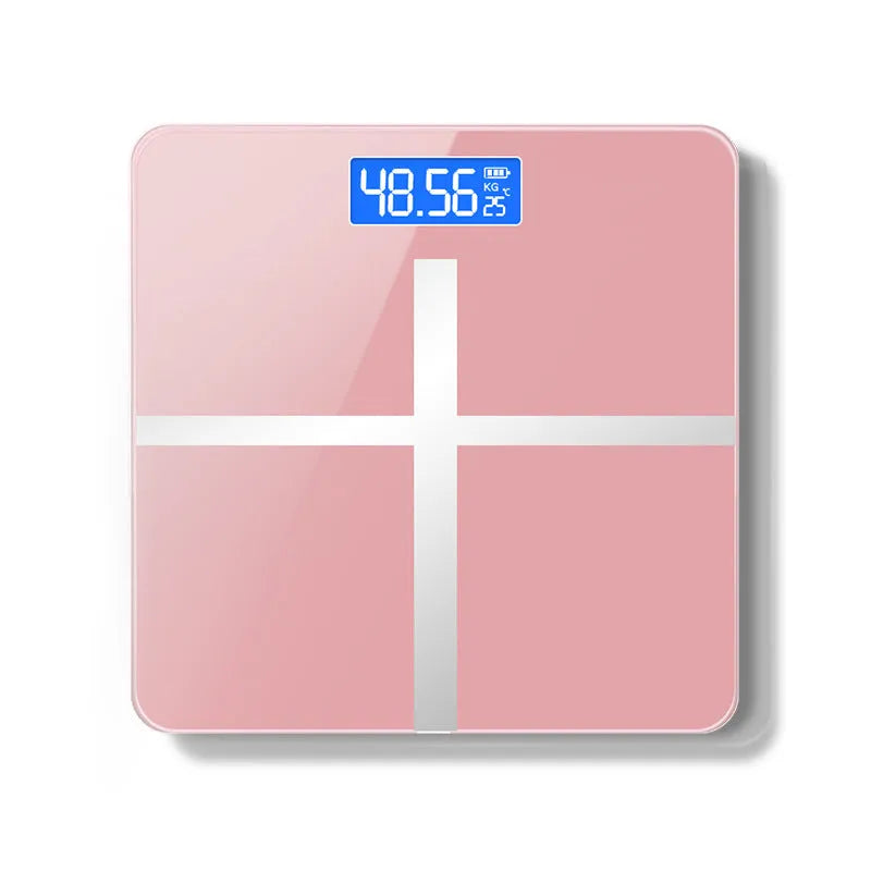 Electronic body weight scale with digital display in black, rose red or white finish.