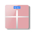 Electronic body weight scale with digital display in black, rose red or white finish.