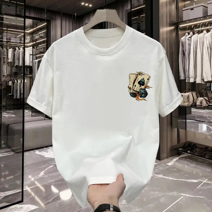 Men's black and white heavy cotton short-sleeved t-shirt shown in multiple sizes