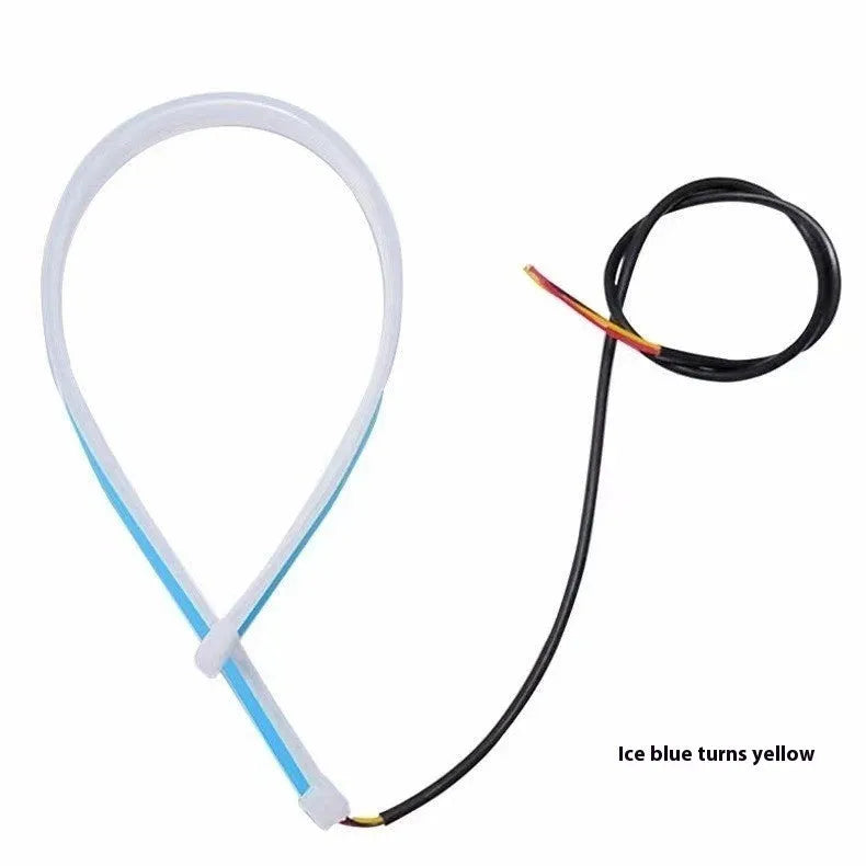 Motorcycle steering column with installed PVC LED strip creating a running water ambience light effect in blue to yellow colours.