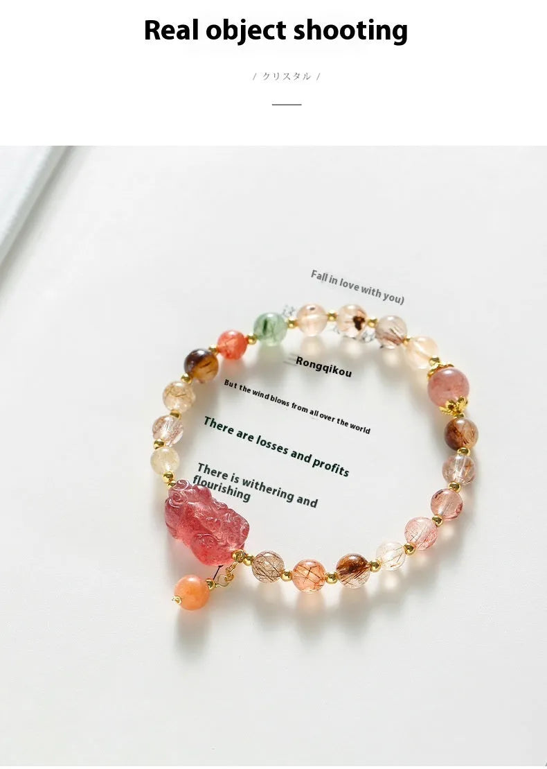 Strawberry quartz crystal bracelet with copper construction and pearl accents in dopamine crystal colour