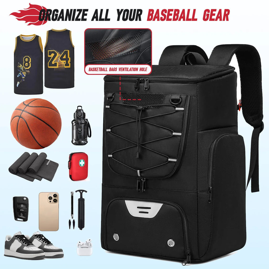 Black Oxford cloth basketball training backpack with large capacity for sports equipment
