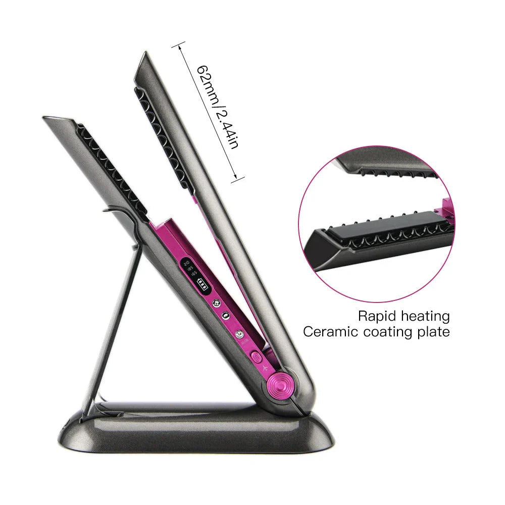 Rechargeable cordless hair straightener and curler with flexible alloy plates, intelligent temperature control, and long-lasting battery life