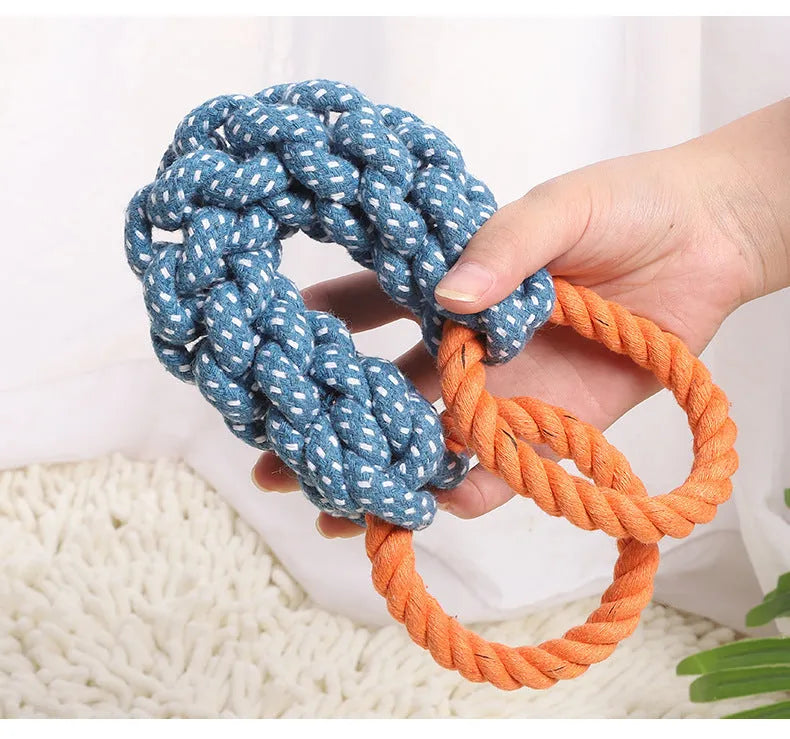 Blue braided cotton rope bone dog toy with double-ring loops