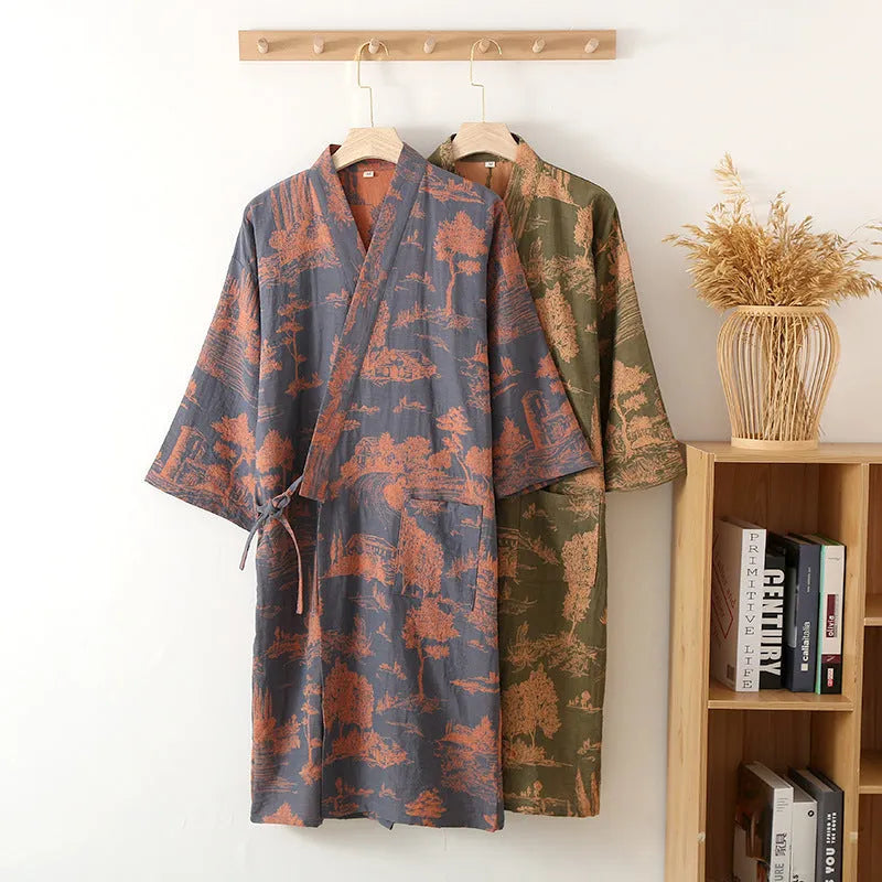 Men's dark blue cotton gauze kimono long dress bathrobe lying flat showing full length