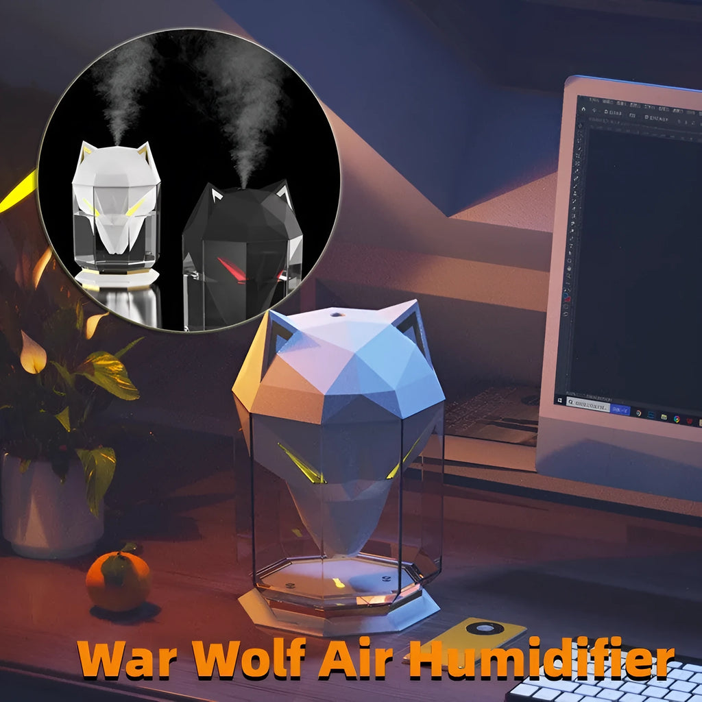 War Wolf black and white ultrasonic desktop humidifier with colourful LED lights on, showing mist outlet.