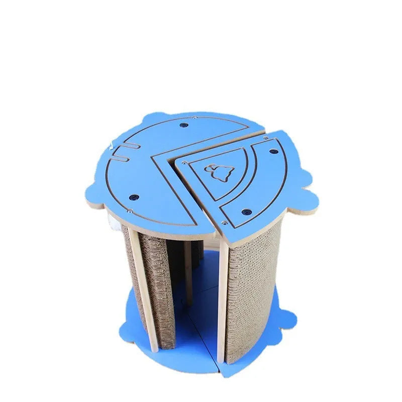 Corner-shaped cardboard cat scratching pad with a hanging blue ball toy attached.
