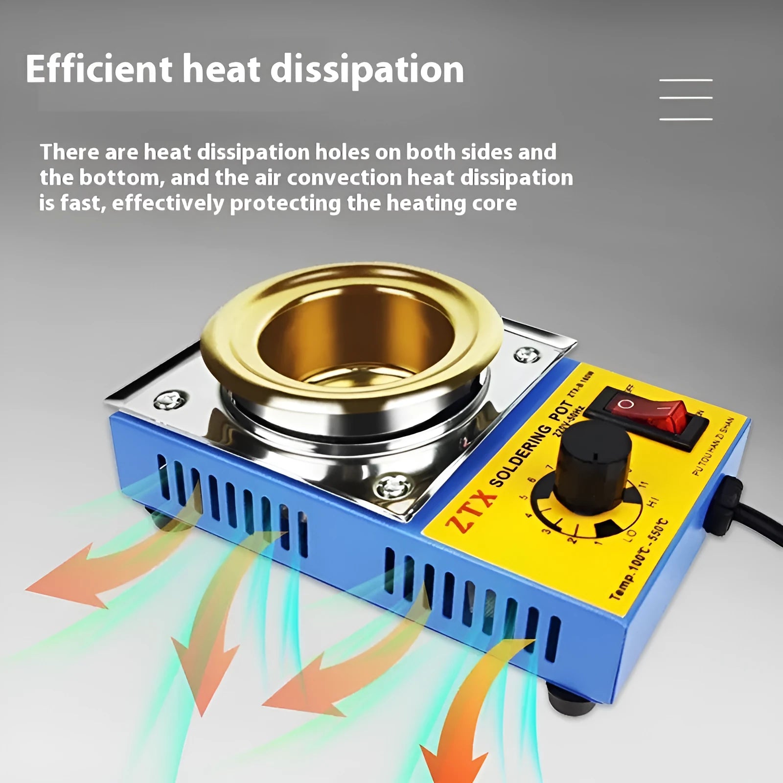 Desktop tin melting furnace with thermostat dial and titanium-plated pot on a workbench.