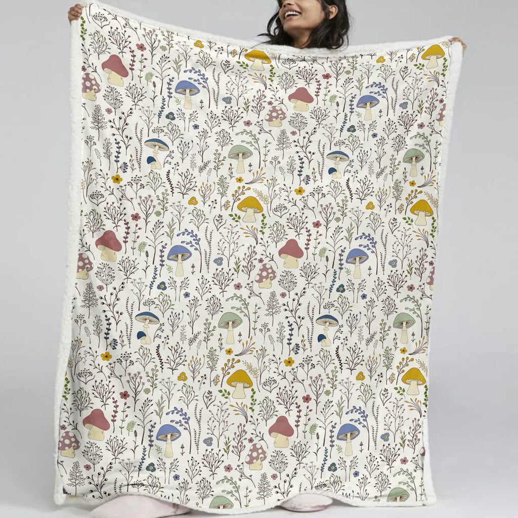 White tree leaf mushroom style sherpa fleece blanket with hemmed edges, available in 130x150cm and 150x200cm