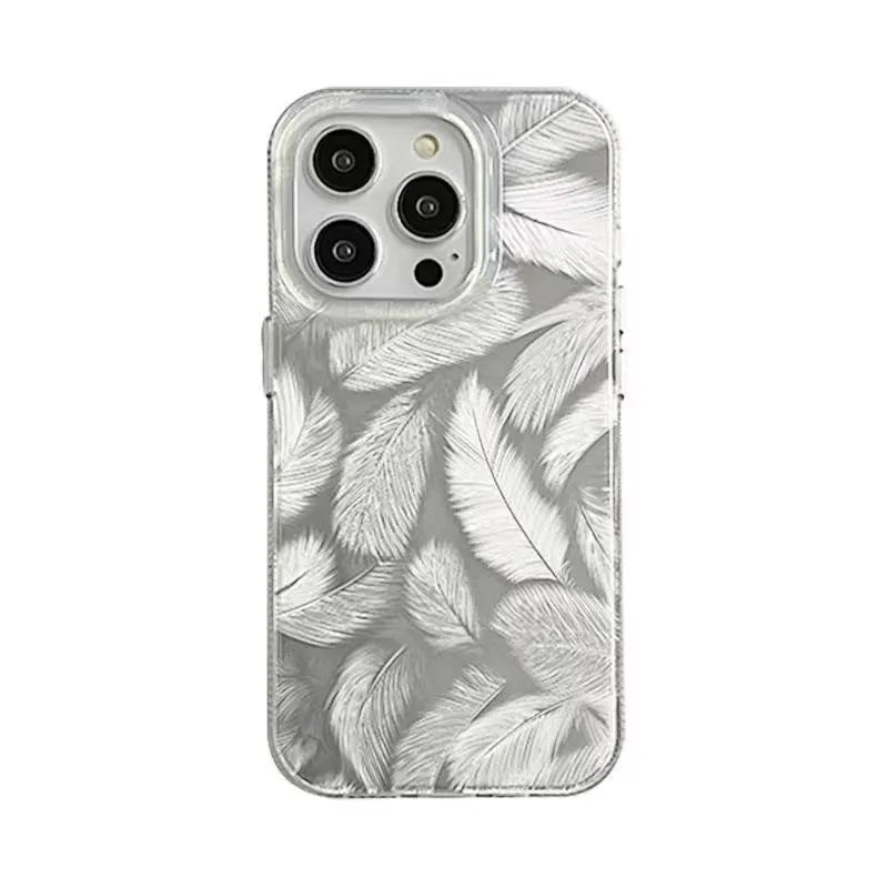 Silver grey feather pattern gradient TPU phone case with three-dimensional relief and half-pack design for iPhone