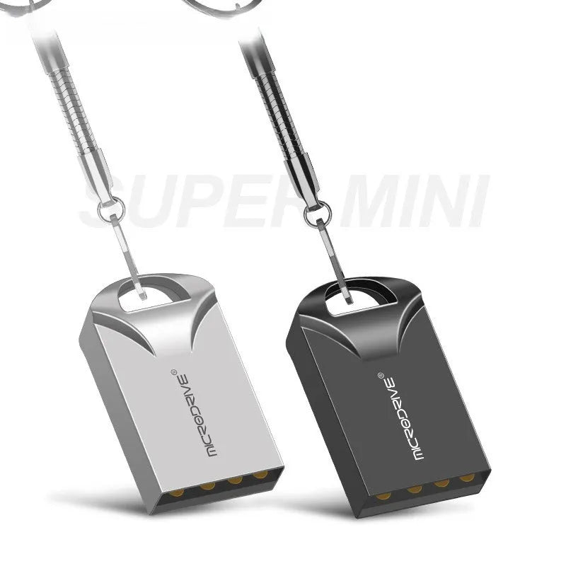 Compact black and silver metal USB flash drive on a white background, showing mini size.