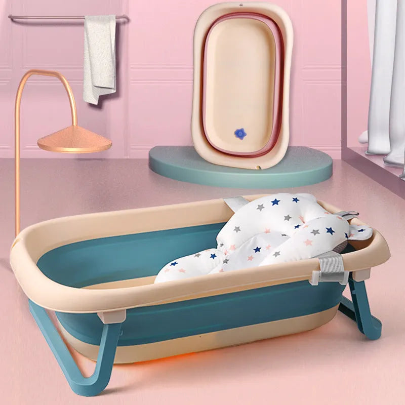 Foldable baby bath seat support mat in white with star pattern, anti-slip cushion for newborn bathing