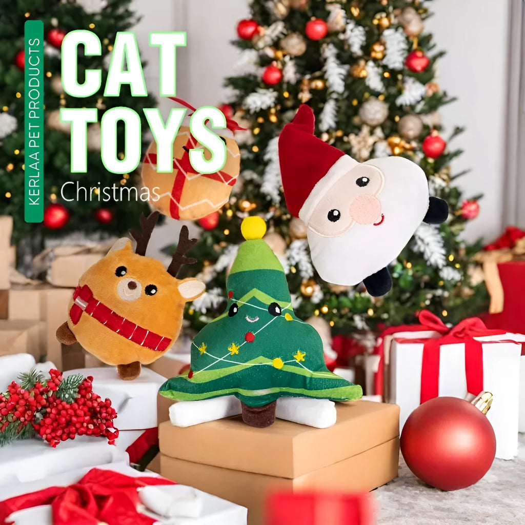 Christmas cat plush toy with catnip in festive designs including Santa Claus, Christmas tree, elk, and smiley egg patterns