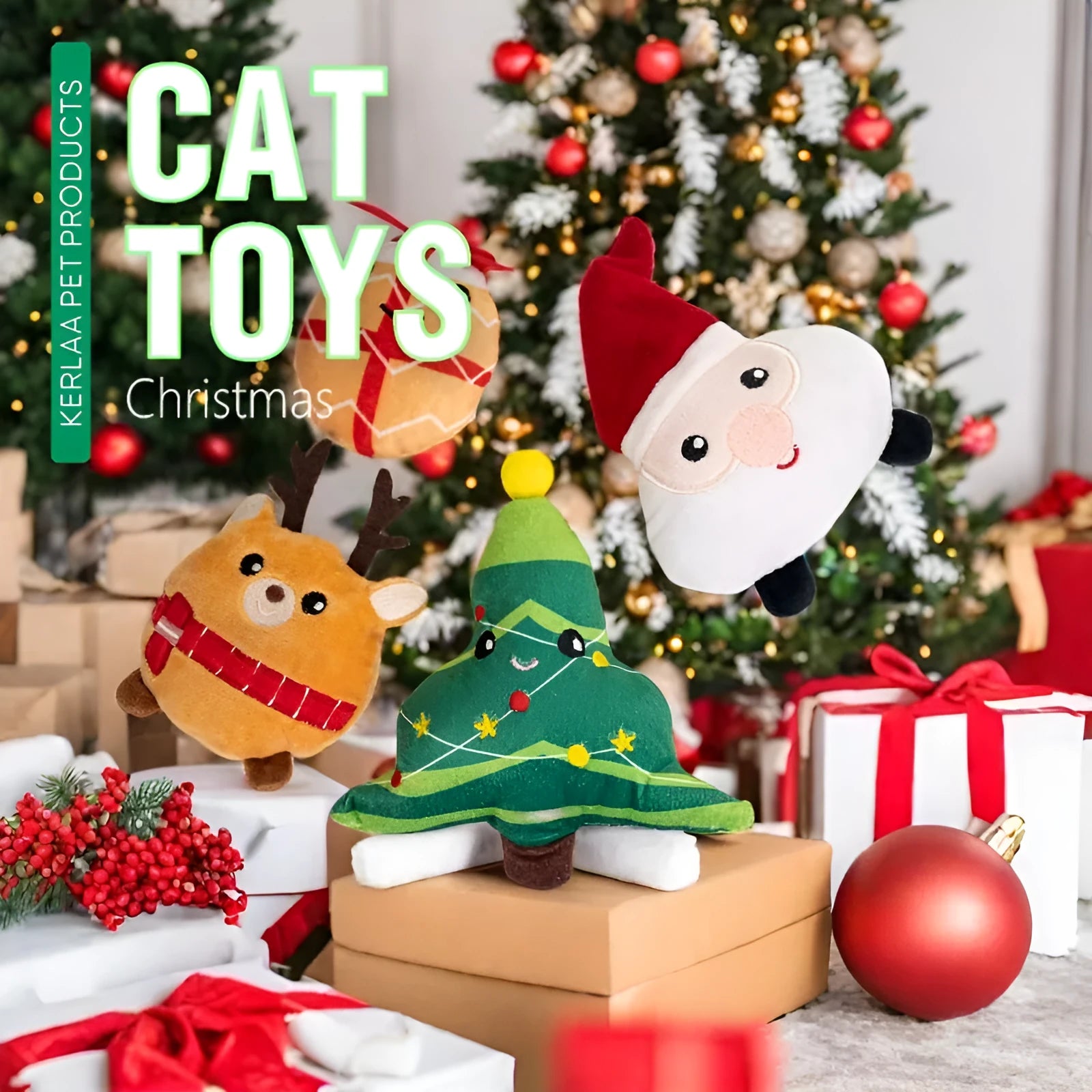 Christmas cat plush toy with catnip in festive designs including Santa Claus, Christmas tree, elk, and smiley egg patterns