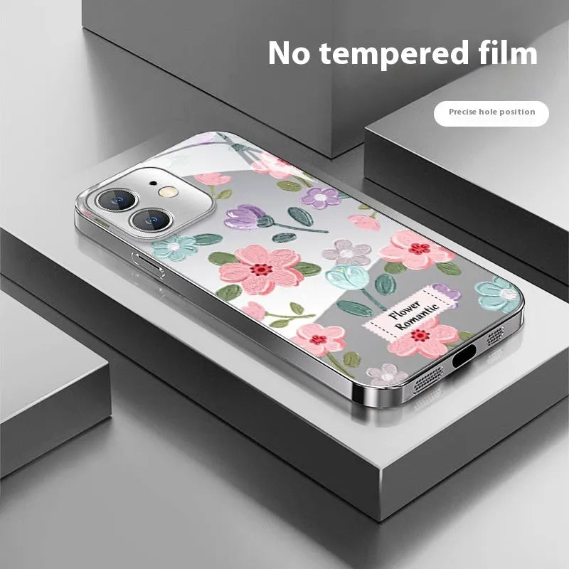 Ins oil painting flower mirror phone case for iPhone, silver grey electroplated glass anti-fall cover