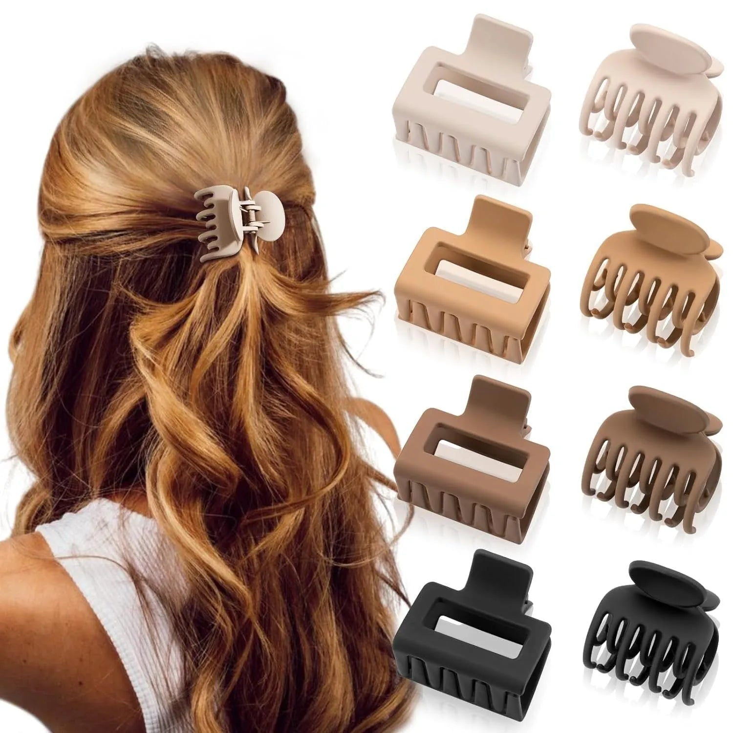 Six nude rose red plastic hair clips with quadrilateral shape and frosted grip surface