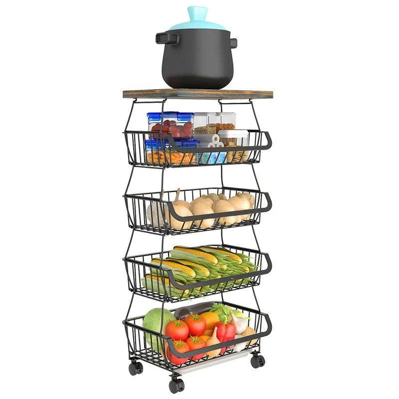 Black six-layer free-standing metal kitchen shelf trolley on a floor, showing foldable design.