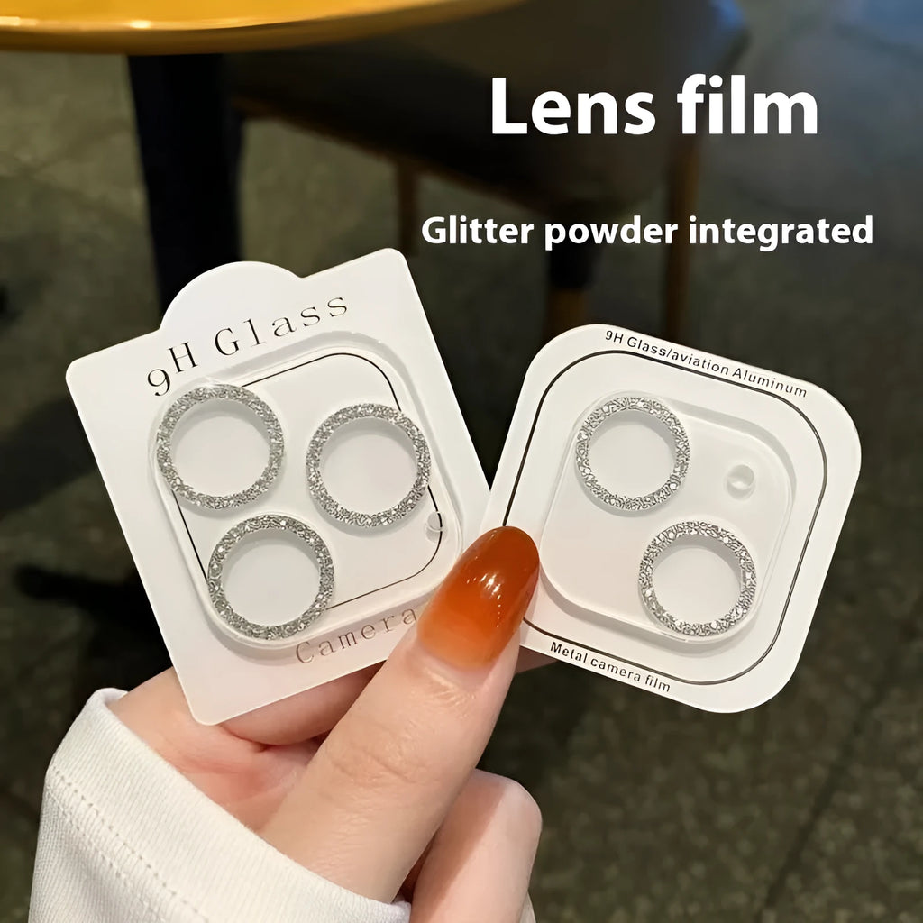 Rhinestone camera lens protector in glitter black for Apple iPhone, tempered glass, HD, dustproof and drop-proof