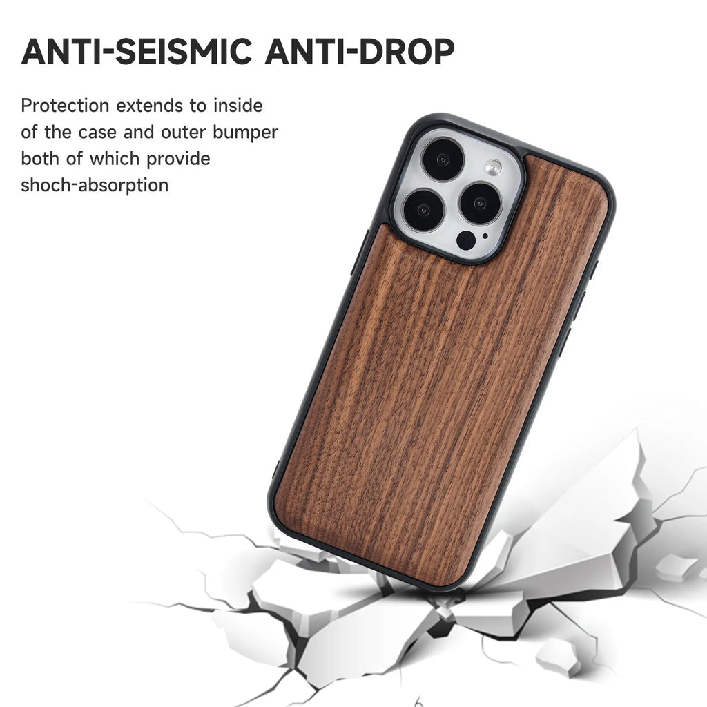 Walnut solid wood iPhone 14 phone case with all-inclusive drop-resistant design and magnetic suction