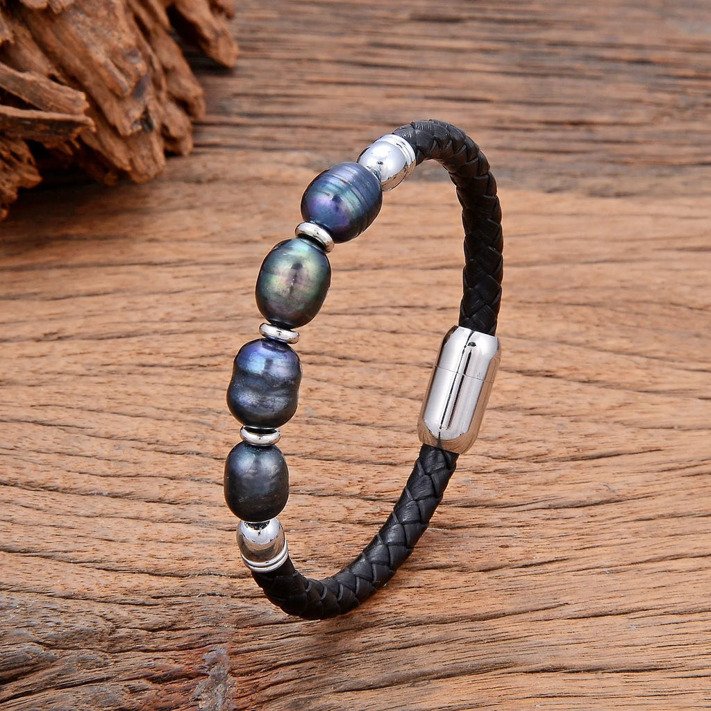 Handmade unisex bracelet with irregular freshwater pearls on brown leather cord