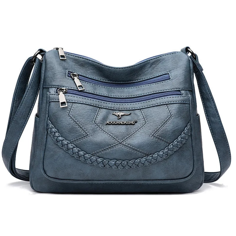 Soft black PU leather crossbody shoulder bag with a horizontal square shape and large capacity
