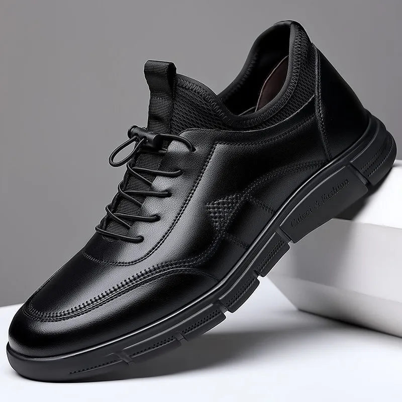 Black men's casual leather slip-on shoes with square low heel and rubber sole