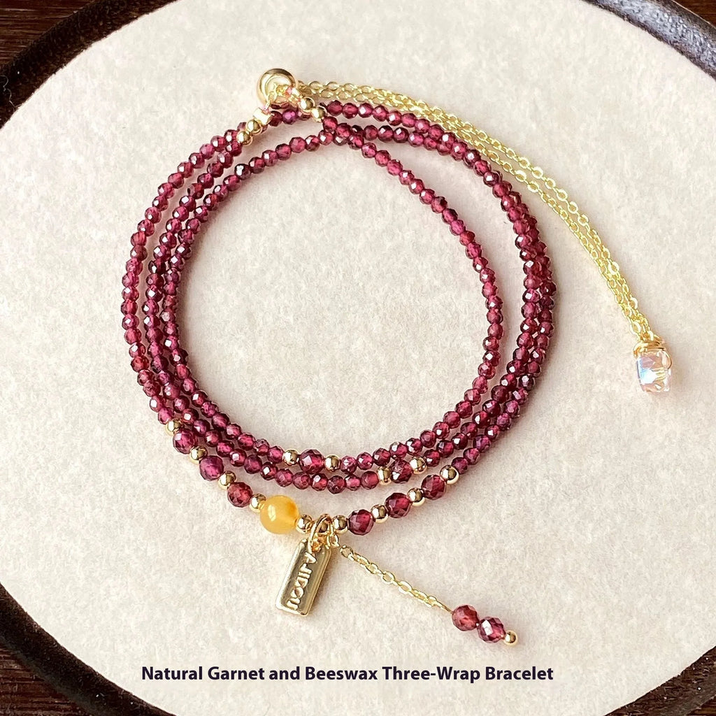 Wine red garnet three circle bracelet and necklace set with 2.5mm beads