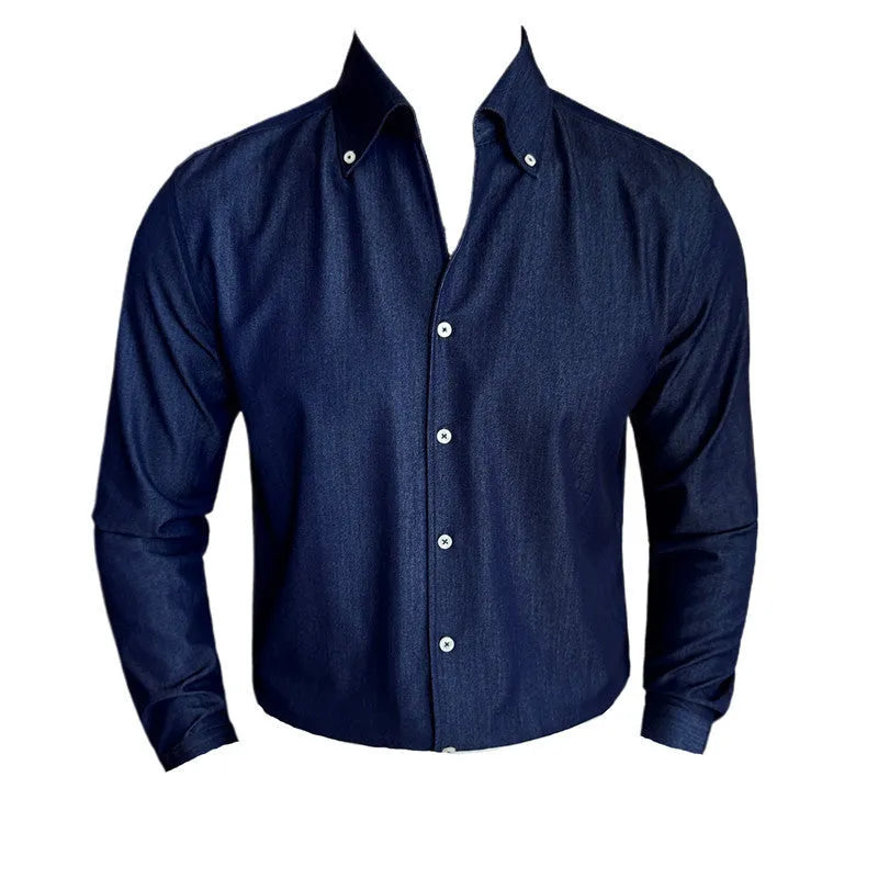 Men's slim-fit long-sleeved denim shirt in blue, black, or white.