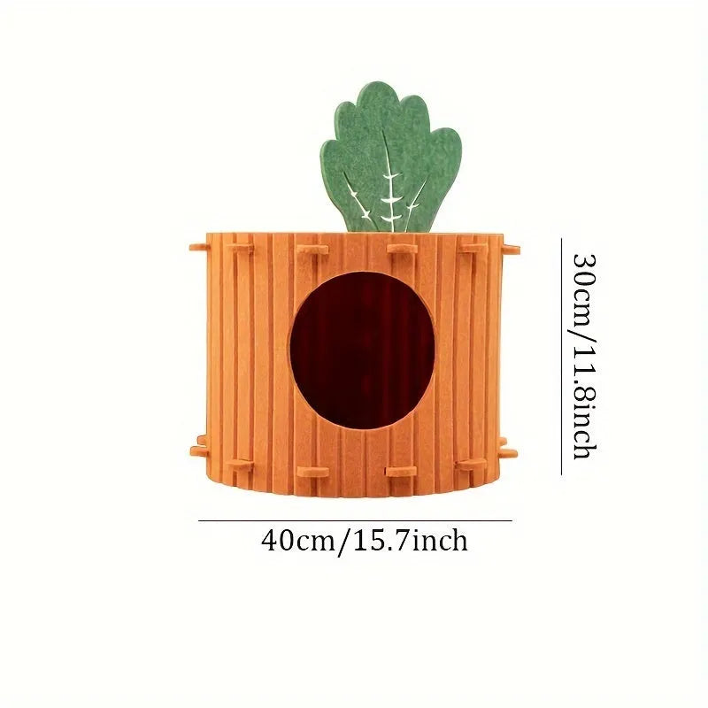 Orange felt carrot-shaped cat nest with a round tunnel entrance, shown in medium and large sizes.
