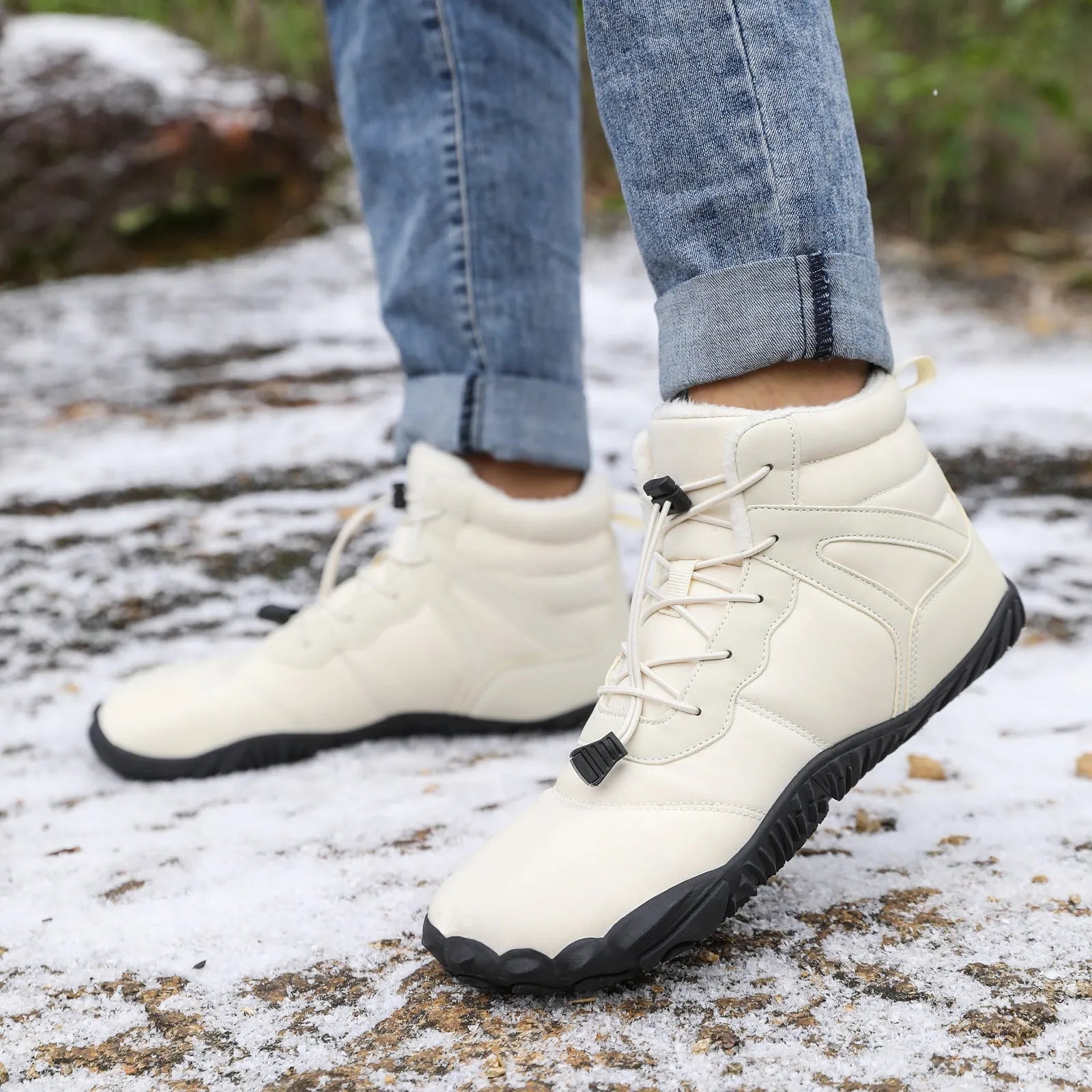 Waterproof five-finger fleece-lined snow boots with a rubber outsole in beige, black, grey, or wine red.