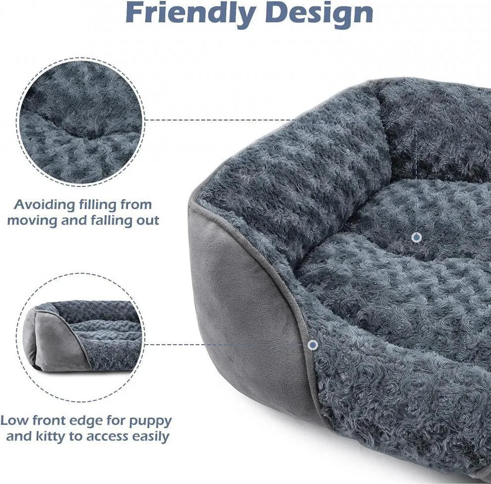 Beige enclosed oval dog kennel bed with artificial fur lining and removable cushion.