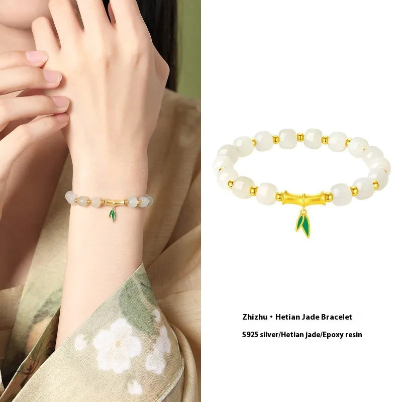 Gold Zhizhu Hetian jade bracelet with 925 silver and 6mm leaf-shaped beads in bamboo design