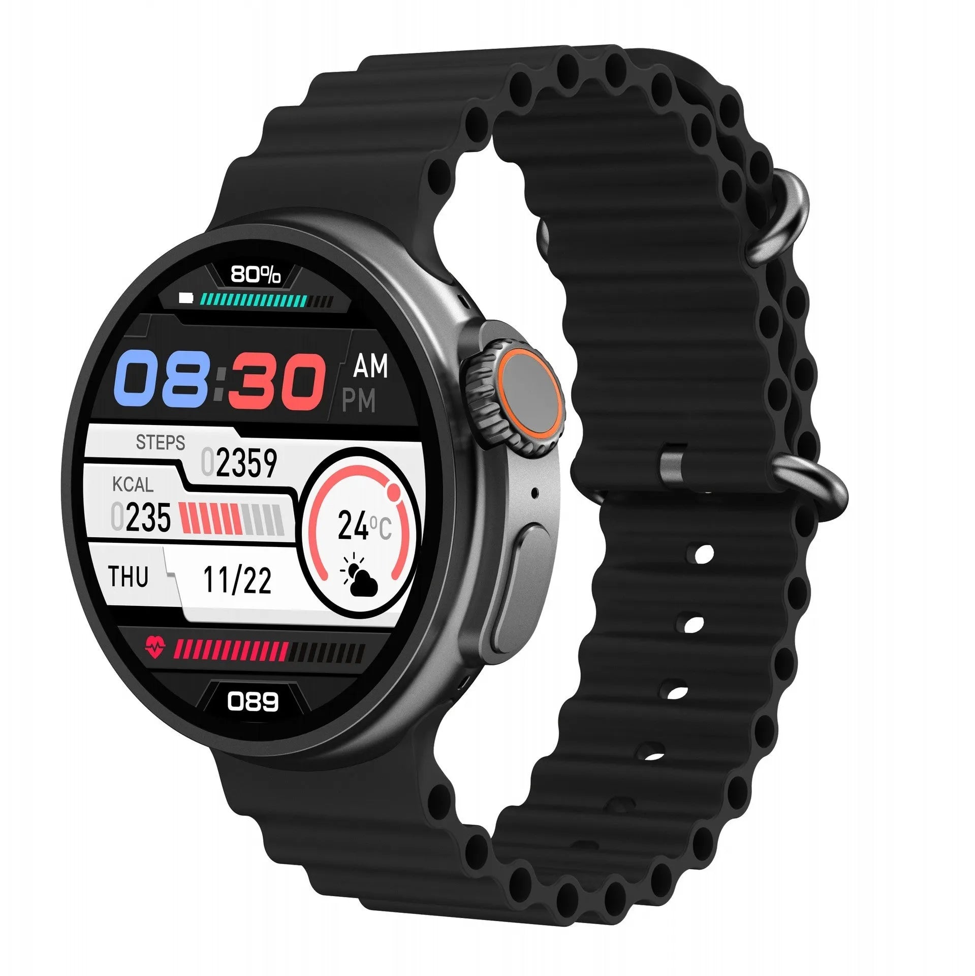 K9 smart watch with round screen showing health metrics, zinc alloy case, silicone strap in multiple colours