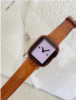 Brown transparent compatible Apple Watch replacement strap shown next to size options for 38mm to 45mm iWatch models.