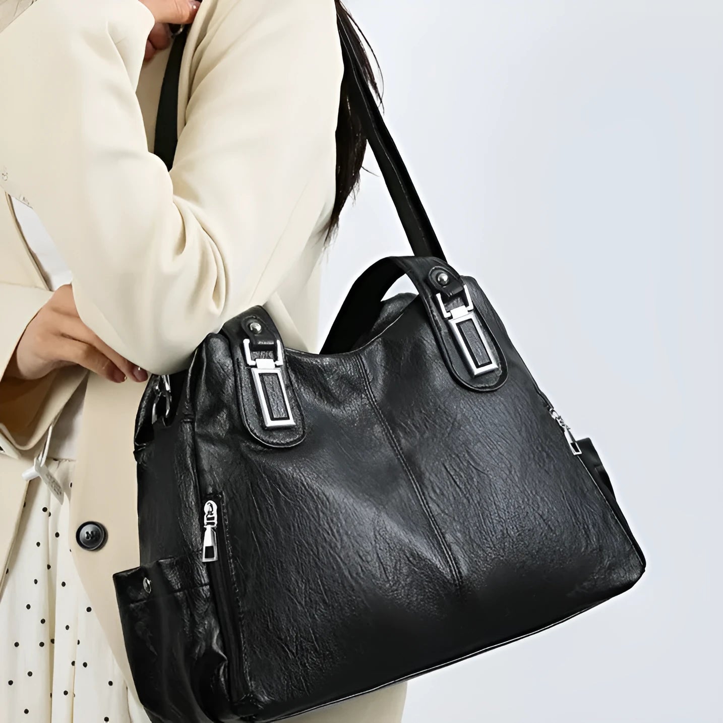 Square vertical women's tote bag in soft PU material with a single shoulder strap, shown in a light brown colour.