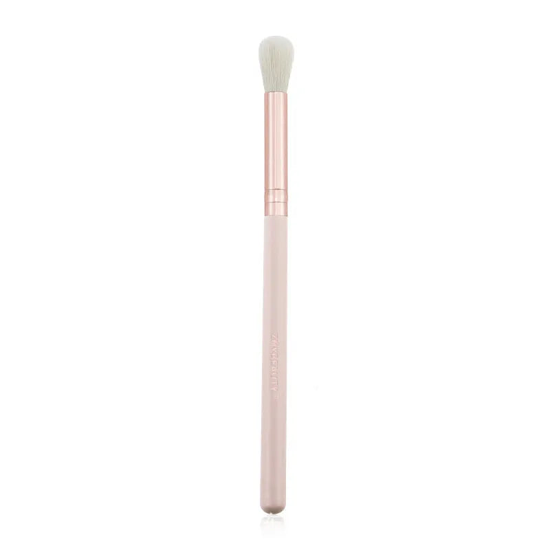 26 pink wooden handle makeup brushes with natural wool bristles in a PU storage bag.
