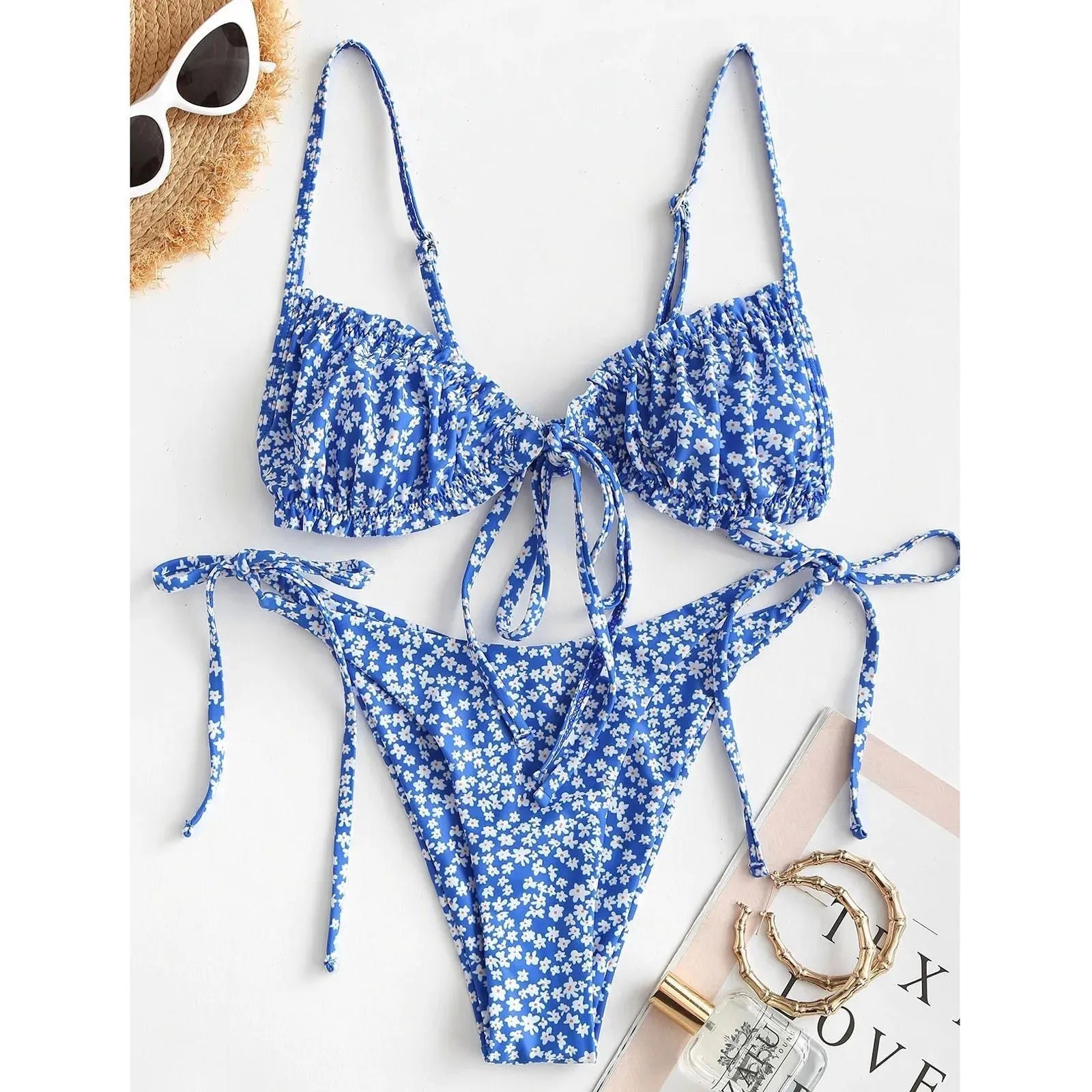 Women's printed multi-rope banded bikini swimsuit with lapel collar and short sleeves
