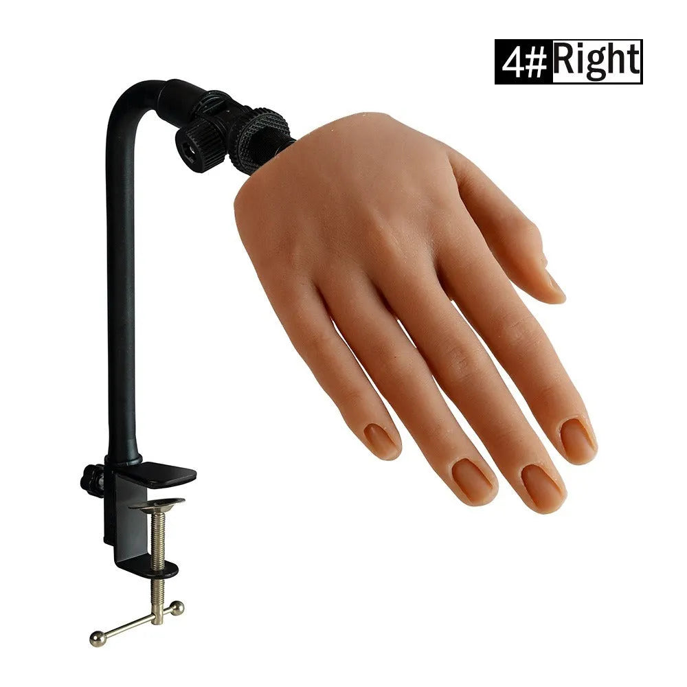 Silicone nail art practice hand model for manicure training on a table.