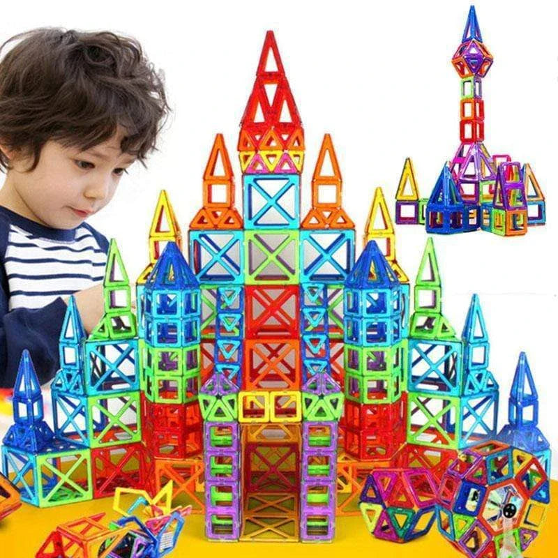 Magnetic building blocks in various sizes and colors, perfect for creative play and STEM learning